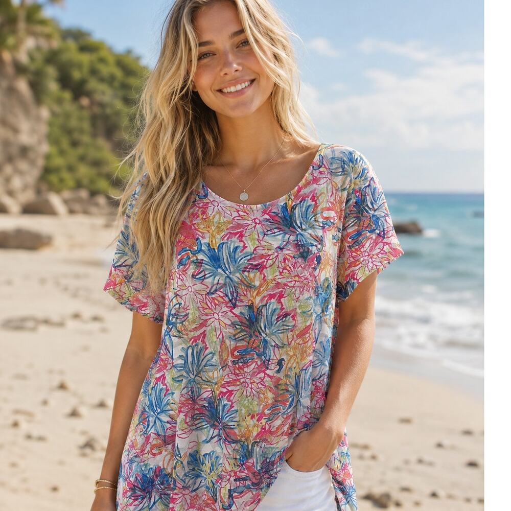 Lulu B Sharkbite Knit Top Womens Medium Floral Sketch Print Asymmetrical Top